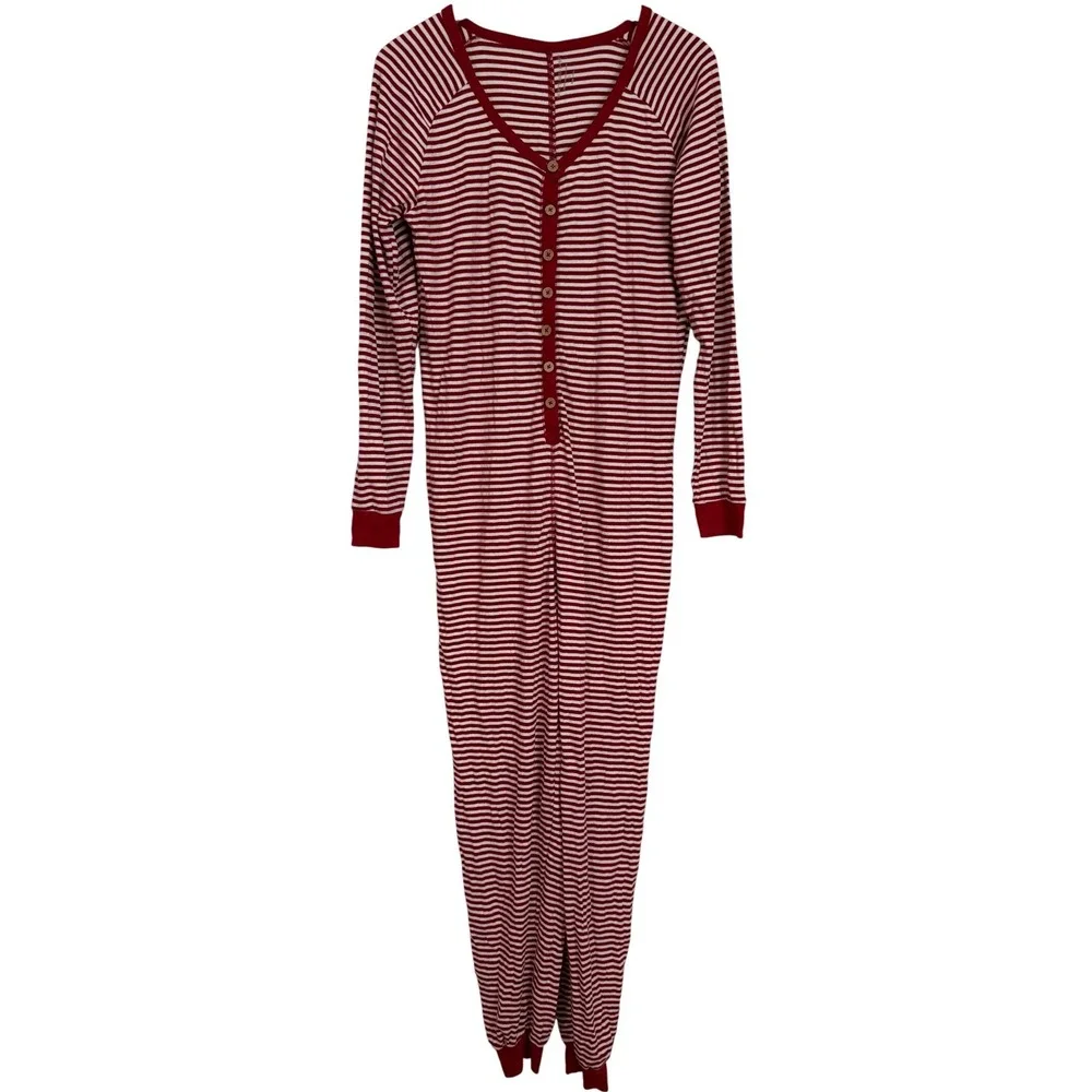 Burts Bees Organic Cotton Striped Union Suit Pajamas Womens Size XL Red White